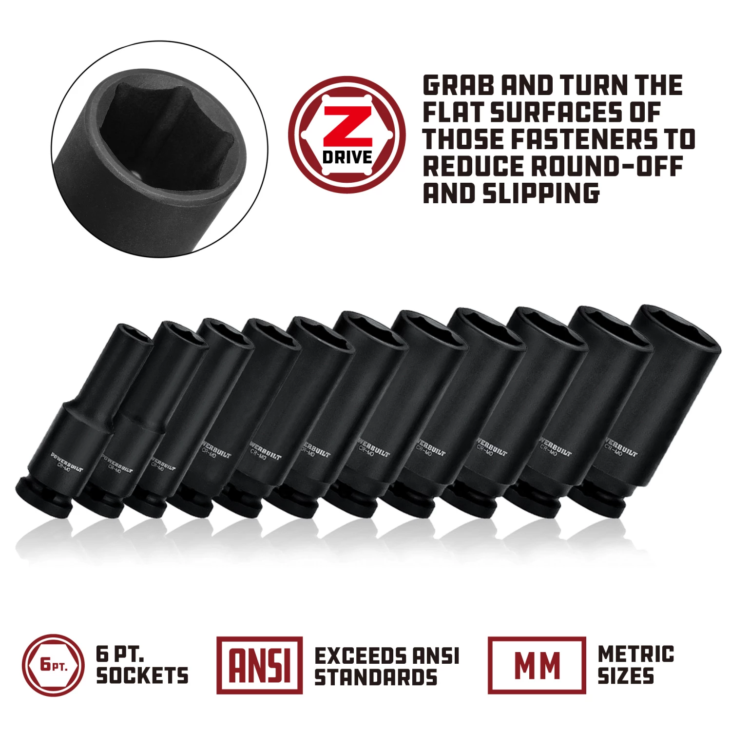 Powerbuilt 3/8 in. Drive x 18 mm 6 Point Deep Well Impact Socket - 647268 4 Powerbuilt 3/8 in. Drive x 18 mm 6 Point Deep Well Impact Socket - 647268 - Image 4