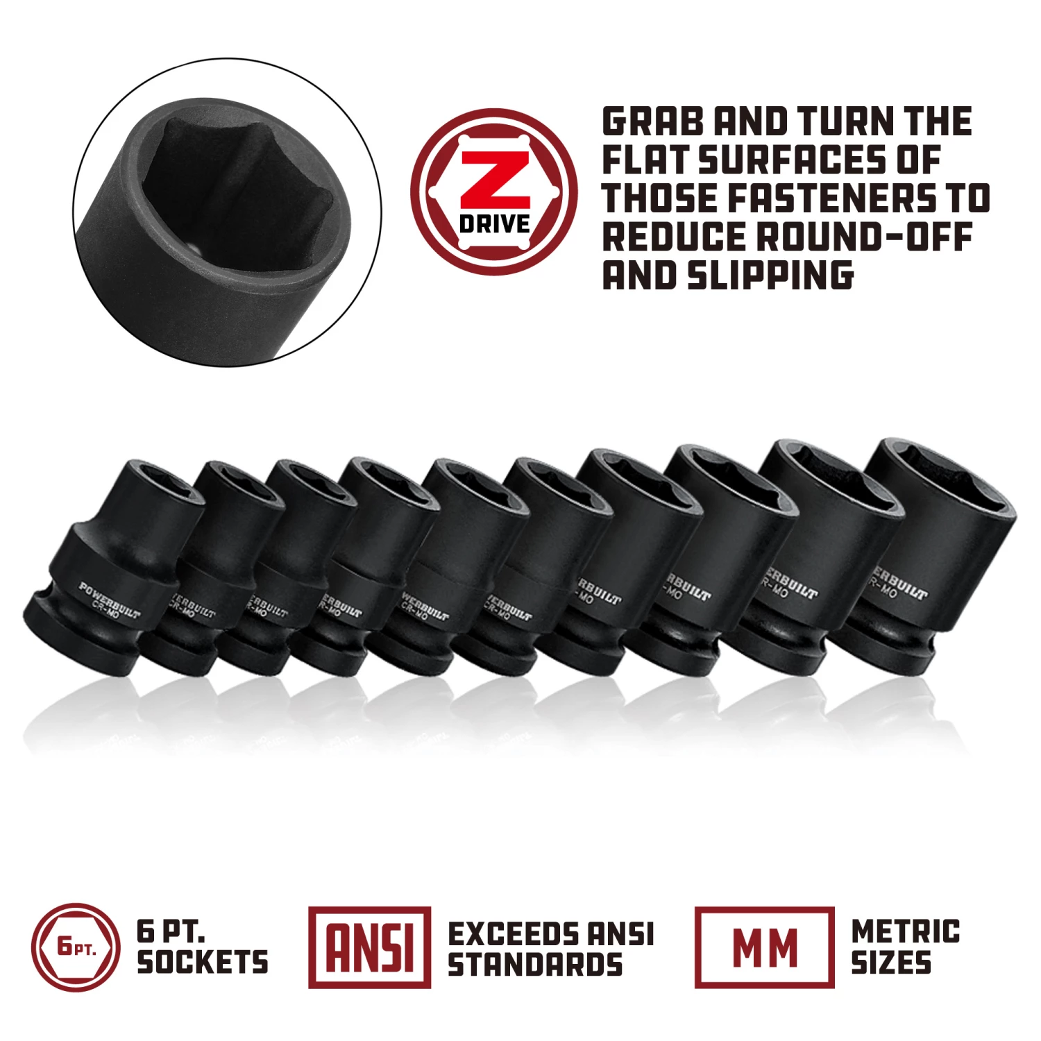 Powerbuilt 3/8 in. Drive x 13 mm 6 Point Impact Socket 13mm - 647252 4 Powerbuilt 3/8 in. Drive x 13 mm 6 Point Impact Socket 13mm - 647252 - Image 4