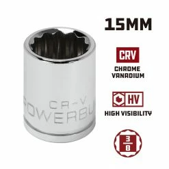 Powerbuilt 3/8 Inch Drive x 15 MM 12 Point Shallow Socket - 641020 -Powerbuilt Tools Store Online 641020 15mm 02