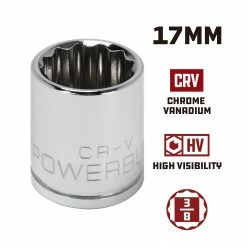 Powerbuilt 3/8 Inch Drive x 17 MM 12 Point Shallow Socket - 641022 9 Powerbuilt 3/8 Inch Drive x 17 MM 12 Point Shallow Socket - 641022 -Powerbuilt Tools Store Online 641022 17mm 02