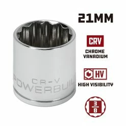 Powerbuilt 3/8 Inch Drive x 21 MM 12 Point Shallow Socket - 641025 -Powerbuilt Tools Store Online 641025 21mm 02