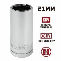 Powerbuilt 3/8 in. Drive x 21mm 6 Point Deep Socket 21 mm - 641220 9 Powerbuilt 3/8 in. Drive x 21mm 6 Point Deep Socket 21 mm - 641220 -Powerbuilt Tools Store Online 641220 21mm 02