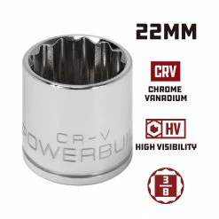 Powerbuilt 3/8 Inch Drive x 22 MM 12 Point Shallow Socket - 641221 -Powerbuilt Tools Store Online 641221 22mm 02
