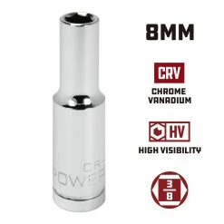 Powerbuilt 3/8 Inch Drive x 8 MM 6 Point Deep Socket - 641319 9 Powerbuilt 3/8 Inch Drive x 8 MM 6 Point Deep Socket - 641319 -Powerbuilt Tools Store Online 641319 8mm 02