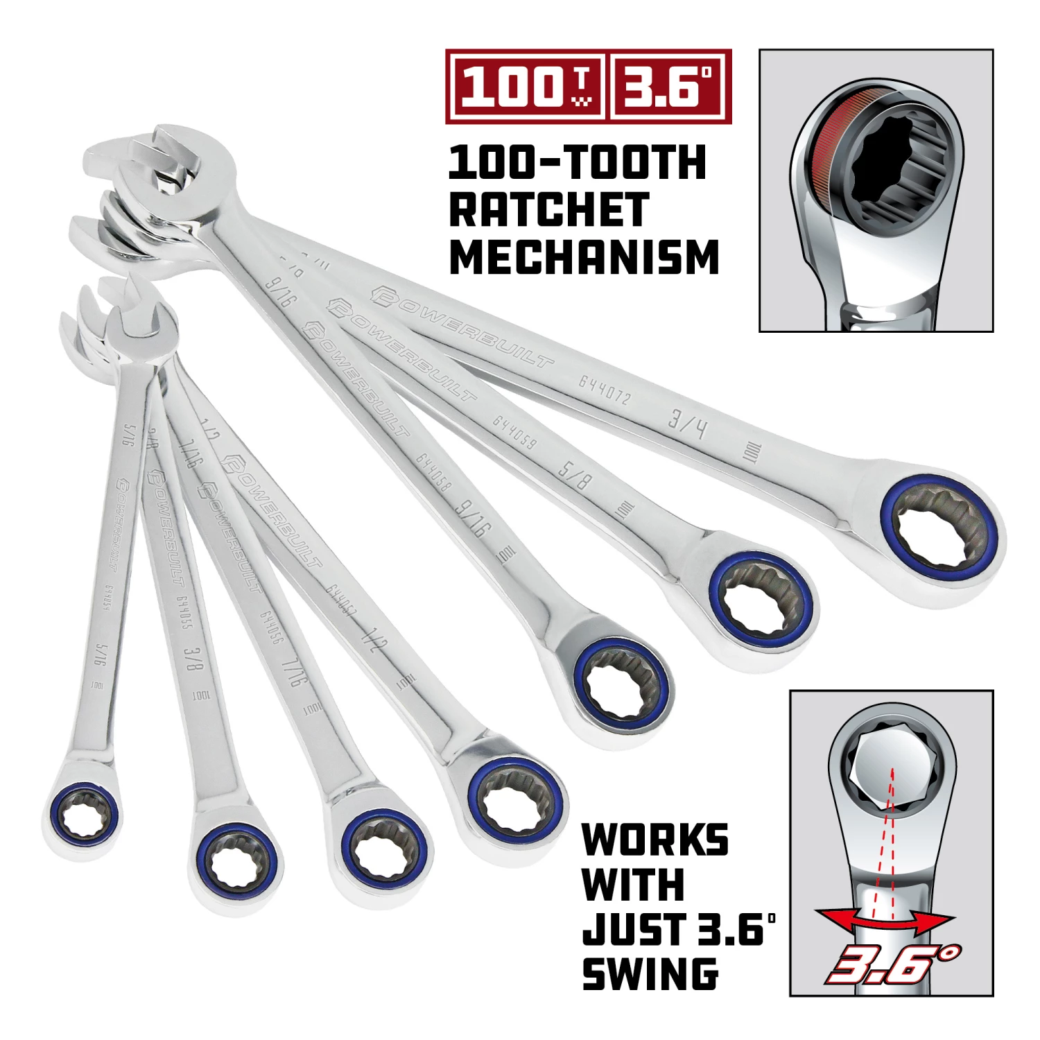 Powerbuilt 7 Piece SAE 100 Tooth Ratcheting Wrench Set - 642761 6 Powerbuilt 7 Piece SAE 100 Tooth Ratcheting Wrench Set - 642761 - Image 6