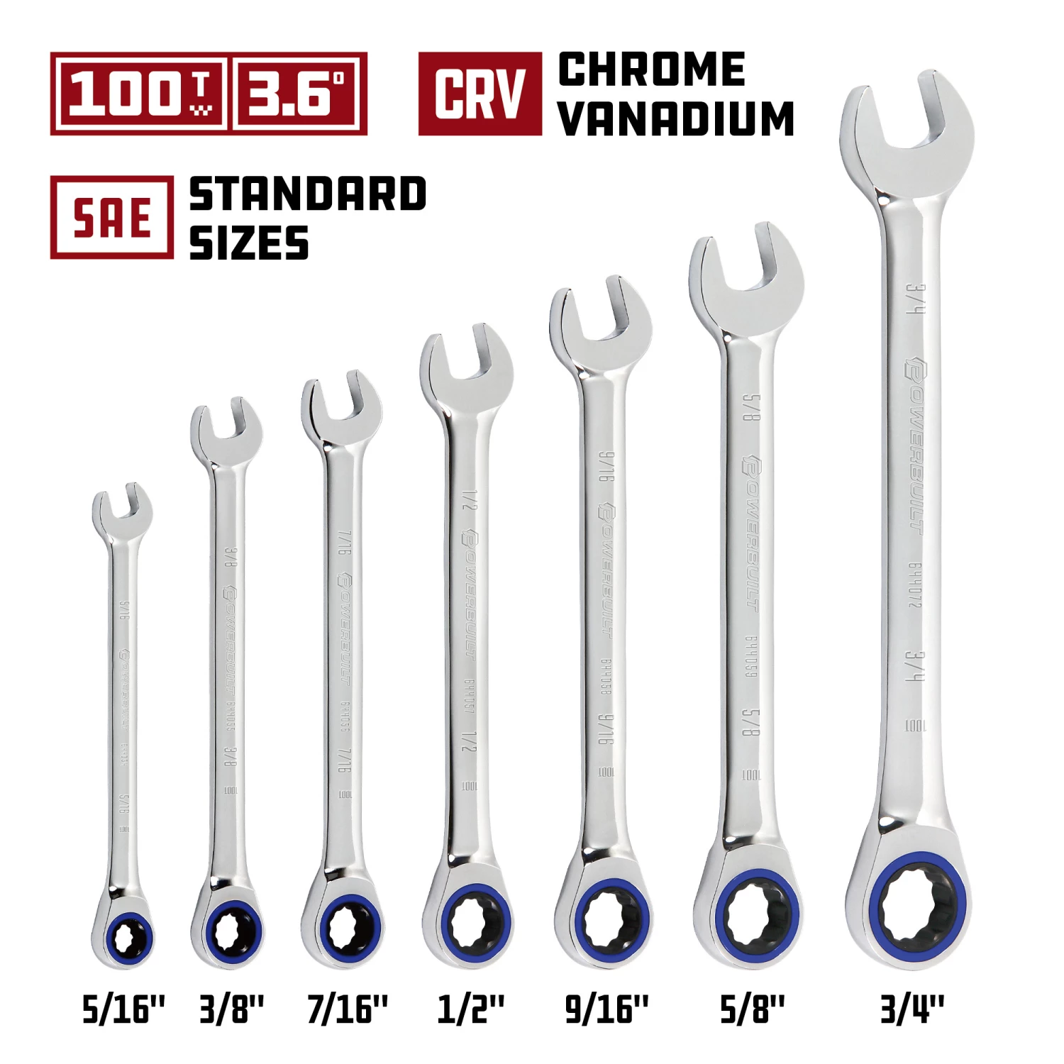 Powerbuilt 7 Piece SAE 100 Tooth Ratcheting Wrench Set - 642761 5 Powerbuilt 7 Piece SAE 100 Tooth Ratcheting Wrench Set - 642761 - Image 5