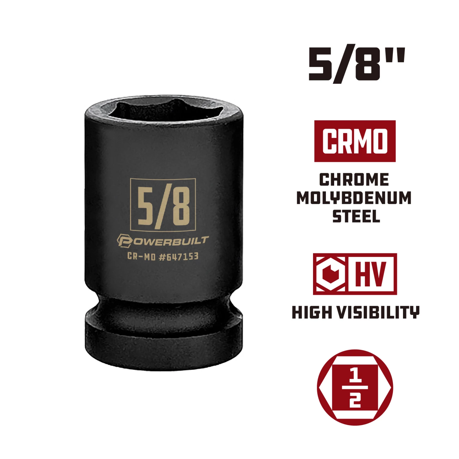Powerbuilt 1/2 Inch Drive x 5/8 Inch 6 Point Impact Socket - 647153 2 Powerbuilt 1/2 Inch Drive x 5/8 Inch 6 Point Impact Socket - 647153 - Image 2