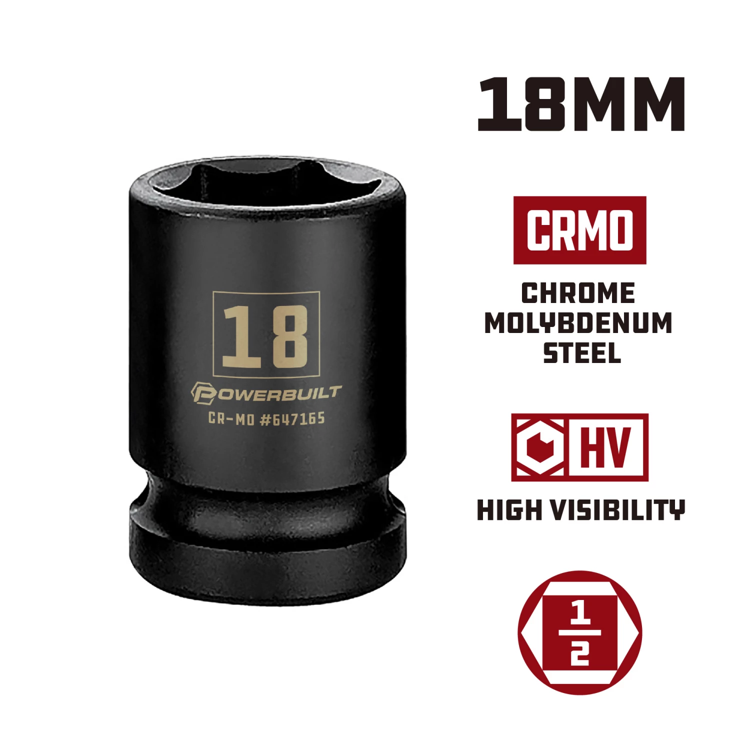 Powerbuilt 1/2 Inch Drive x 18 MM 6 Point Impact Socket - 647165 2 Powerbuilt 1/2 Inch Drive x 18 MM 6 Point Impact Socket - 647165 - Image 2