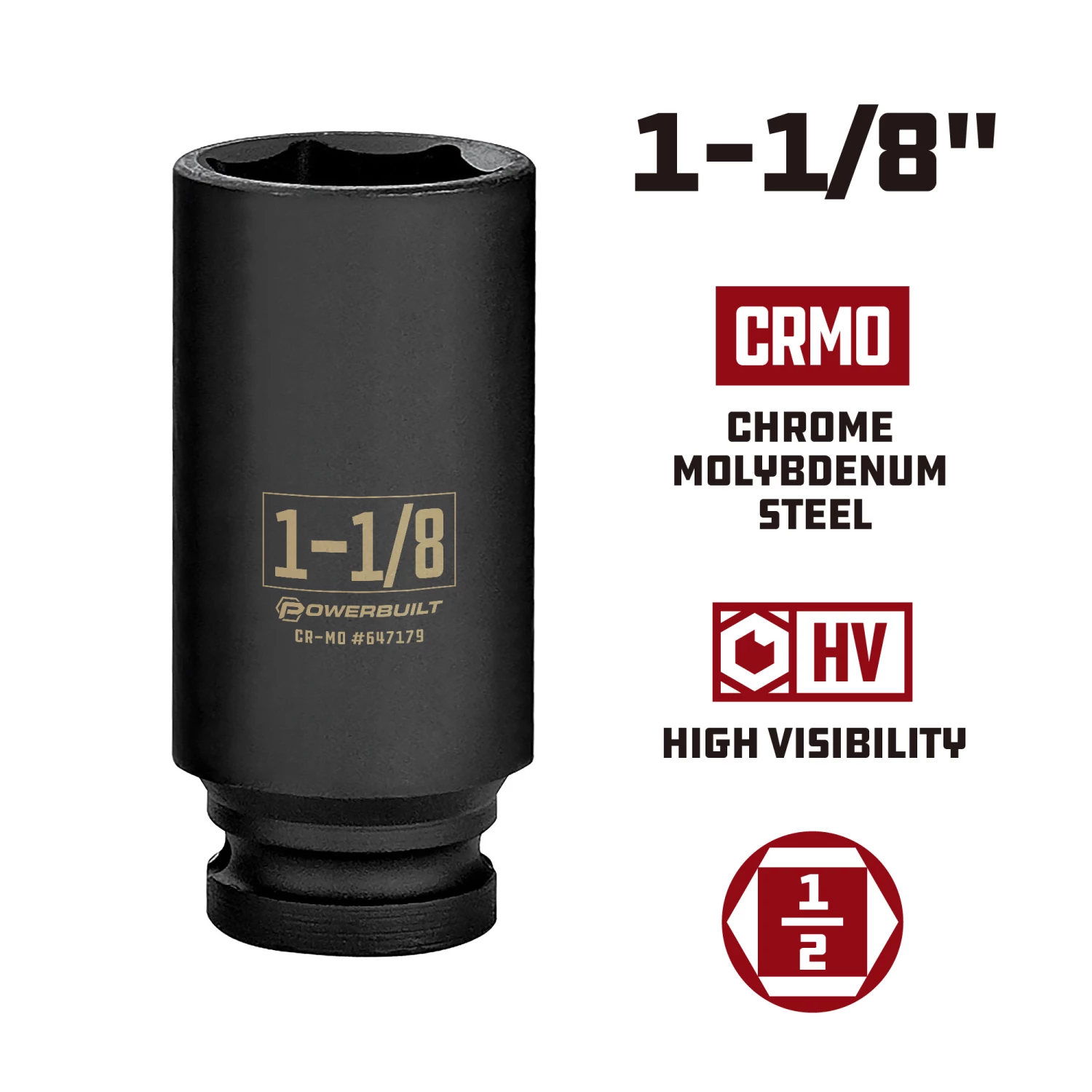 Powerbuilt 1/2 Inch Drive x 1-1/8 Inch 6 Point Deep Impact Socket - 647179 3 Powerbuilt 1/2 Inch Drive x 1-1/8 Inch 6 Point Deep Impact Socket - 647179 - Image 3