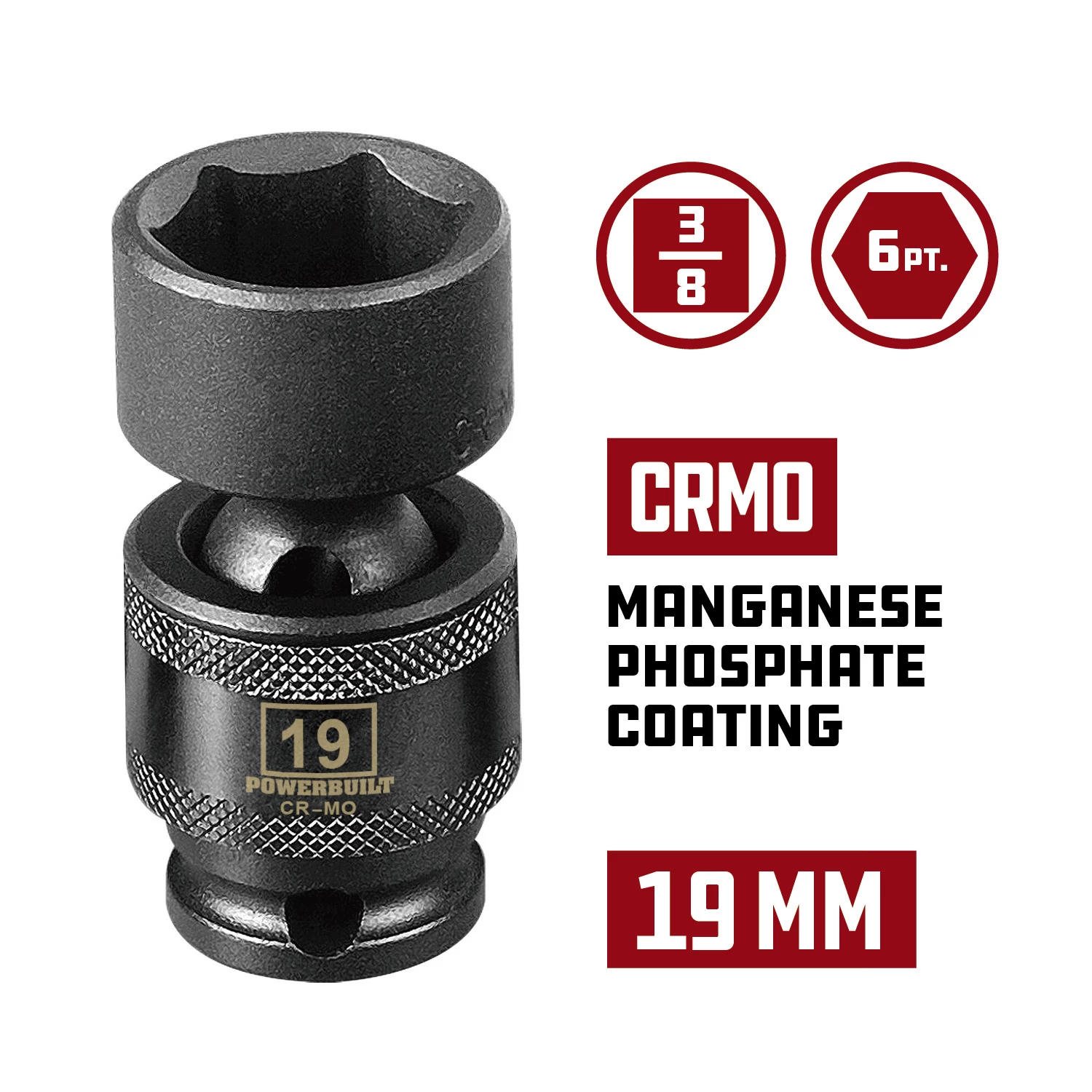 Powerbuilt 3/8" Drive 6 Pt. Metric Universal Impact Socket 19mm - 647229 2 Powerbuilt 3/8" Drive 6 Pt. Metric Universal Impact Socket 19mm - 647229 - Image 2
