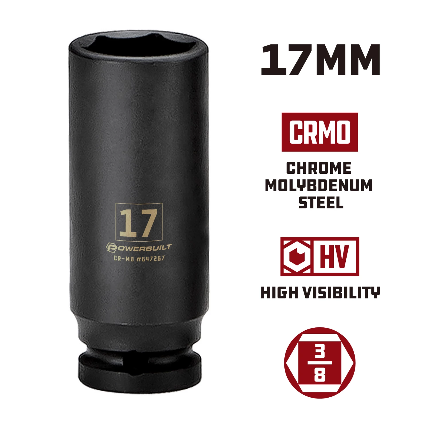 Powerbuilt 3/8 in. Drive x 17 mm 6 Point Deep Well Impact Socket - 647267 5 Powerbuilt 3/8 in. Drive x 17 mm 6 Point Deep Well Impact Socket - 647267 - Image 5