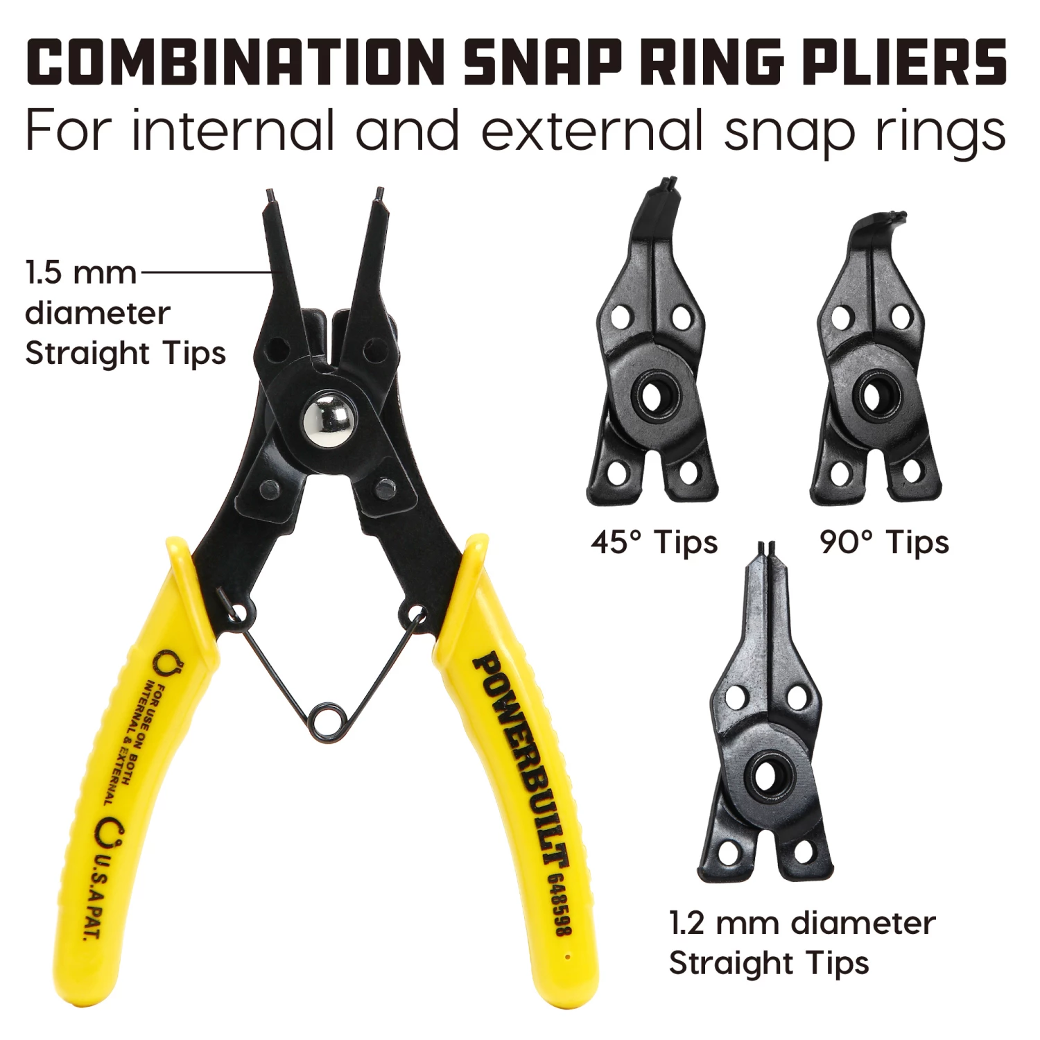 Powerbuilt Snap Ring Pliers Set, 4 interchangeable Heads, Straight, 45°, and 90° 2 Powerbuilt Snap Ring Pliers Set, 4 interchangeable Heads, Straight, 45°, and 90° - Image 2