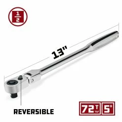 Powerbuilt 1/2 Inch Drive 72 Tooth Pro Tech 13 Inch Long Reach Flex Head Ratchet with Contour Handle - 649954 -Powerbuilt Tools Store Online 649954 02