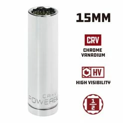 Powerbuilt 1/2 in. Drive x 15mm 12 Point Deep Socket - 940156 9 Powerbuilt 1/2 in. Drive x 15mm 12 Point Deep Socket - 940156 -Powerbuilt Tools Store Online 940156 15mm 02