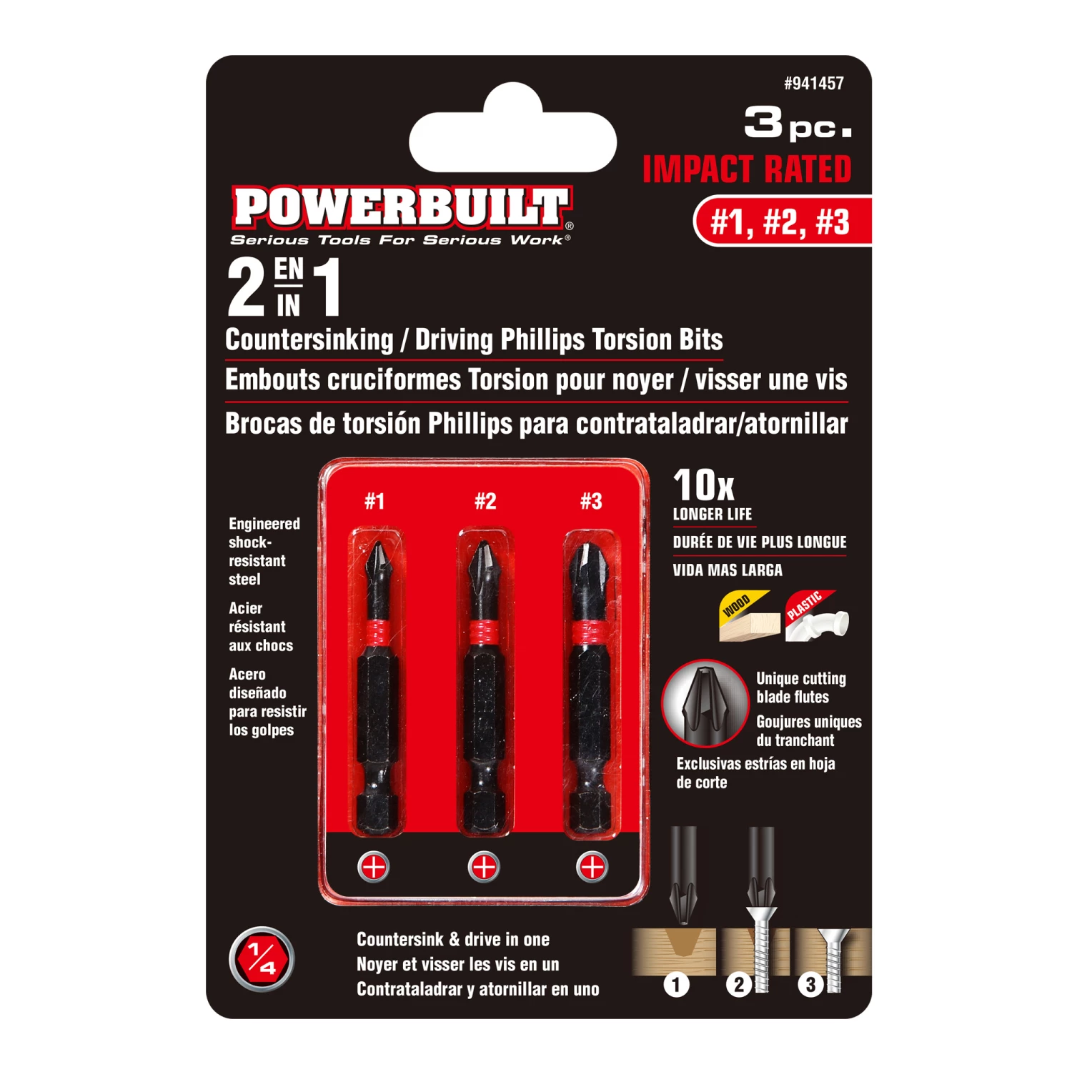 Powerbuilt 3 Piece Phillips Torsion Impact Screwdriver Countersink Bit Set - 941457 5 Powerbuilt 3 Piece Phillips Torsion Impact Screwdriver Countersink Bit Set - 941457 - Image 5