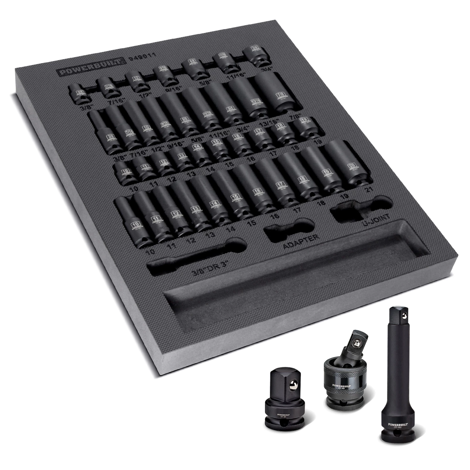 Powerbuilt 40 Piece 3/8 Inch Drive 6 Point SAE & Metric Pro Tech Impact Socket Set - 949011 1 Powerbuilt 40 Piece 3/8 Inch Drive 6 Point SAE & Metric Pro Tech Impact Socket Set - 949011